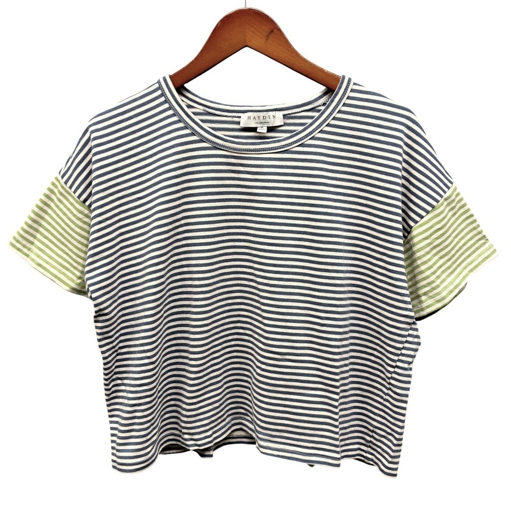 Hayden Boxy Knit Top Women's M Blue Green Striped Short Sleeve Casual Summer